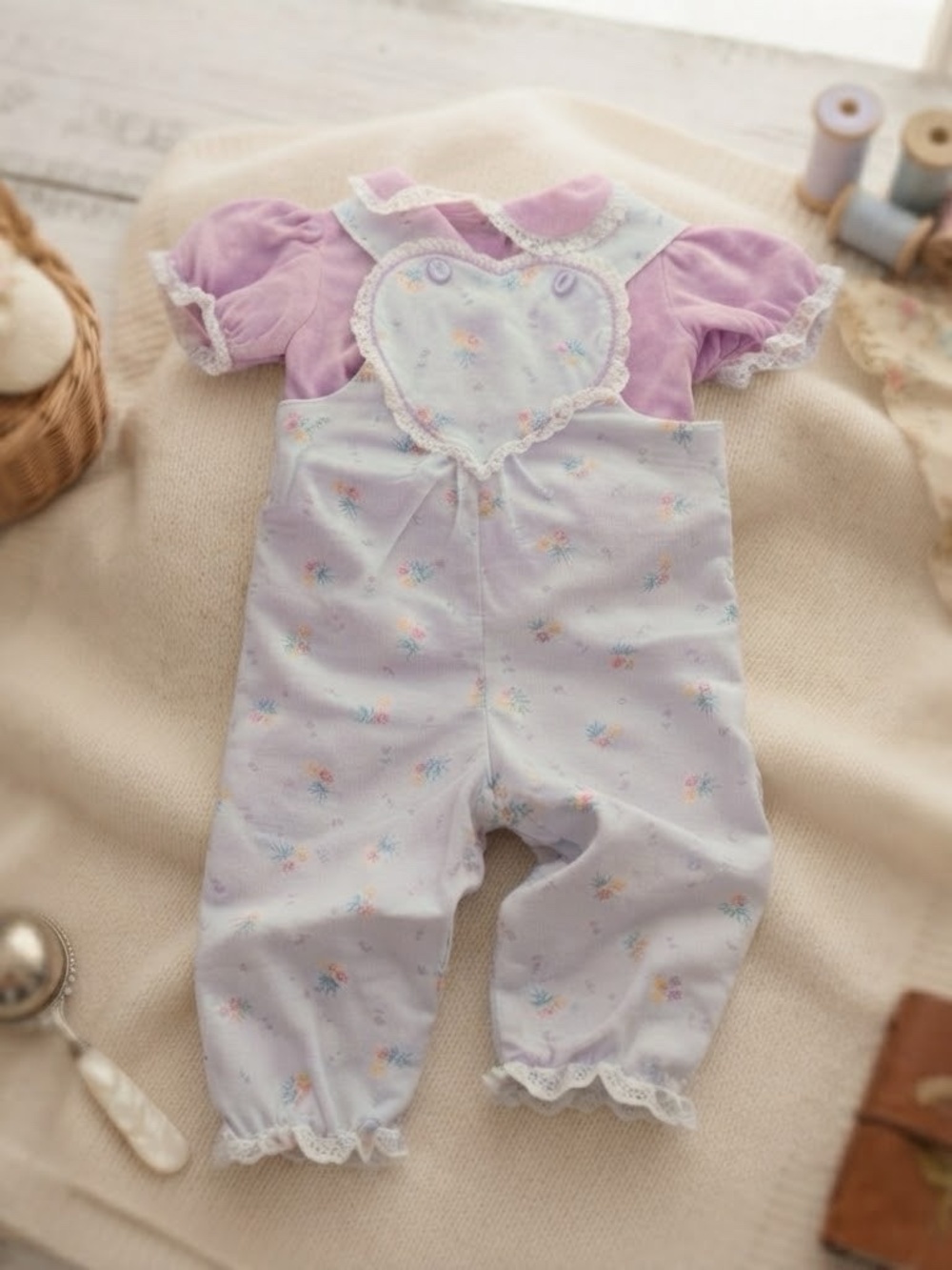 Vintage 80s Handmade Baby Girl Floral Jumpsuit Set | Heart Bib Lace Trim Romper